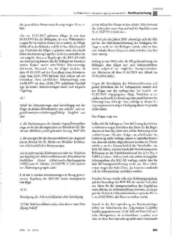 Vorschauseite 2: Zur Wirksamkeit der Altersgrenzenregelung nach dem BAT-KFBAT-KF § 32 Abs. 1 a); AGG § 1, § 2 Abs. 1 Ziff. 2, § 10 Satz 3 Nr. 5; RL 2000/78/EG Art. 6 Abs. 1