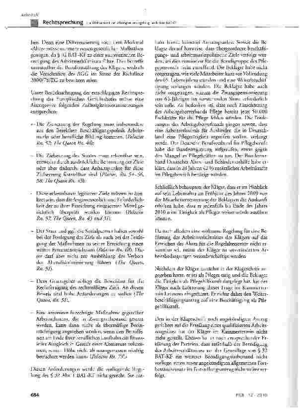 Vorschauseite 3: Zur Wirksamkeit der Altersgrenzenregelung nach dem BAT-KFBAT-KF § 32 Abs. 1 a); AGG § 1, § 2 Abs. 1 Ziff. 2, § 10 Satz 3 Nr. 5; RL 2000/78/EG Art. 6 Abs. 1
