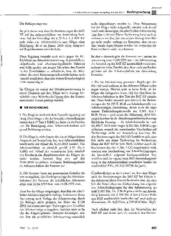 Vorschauseite 4: Zur Wirksamkeit der Altersgrenzenregelung nach dem BAT-KFBAT-KF § 32 Abs. 1 a); AGG § 1, § 2 Abs. 1 Ziff. 2, § 10 Satz 3 Nr. 5; RL 2000/78/EG Art. 6 Abs. 1