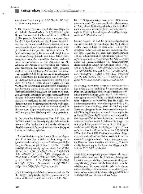 Vorschauseite 5: Zur Wirksamkeit der Altersgrenzenregelung nach dem BAT-KFBAT-KF § 32 Abs. 1 a); AGG § 1, § 2 Abs. 1 Ziff. 2, § 10 Satz 3 Nr. 5; RL 2000/78/EG Art. 6 Abs. 1
