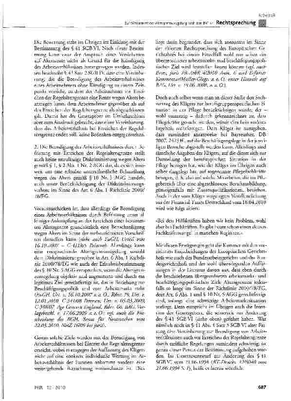 Vorschauseite 6: Zur Wirksamkeit der Altersgrenzenregelung nach dem BAT-KFBAT-KF § 32 Abs. 1 a); AGG § 1, § 2 Abs. 1 Ziff. 2, § 10 Satz 3 Nr. 5; RL 2000/78/EG Art. 6 Abs. 1