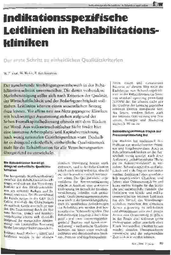 Vorschauseite 1: Indikationsspezifische Leitlinien in Rehabilitationskliniken Der erste Schritt zu einheitlichen Qualitätskriterien