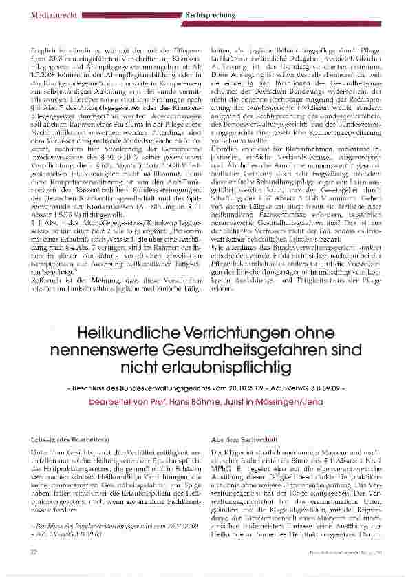Vorschauseite 1: Heilkundliche Verrichtungen ohne nennenswerte Gesundheitsgefahren sind nicht erlaubnispflichtig