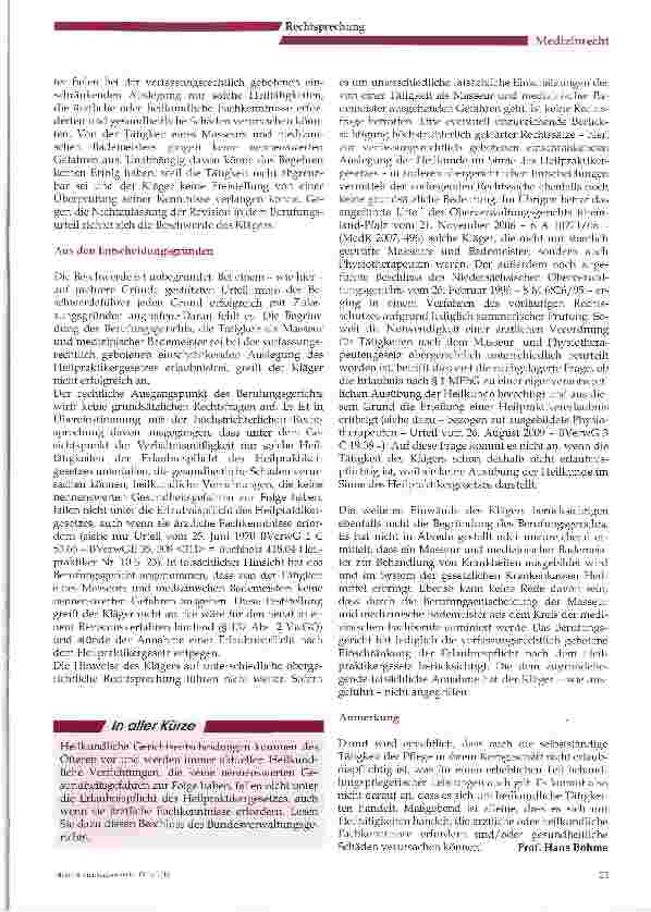 Vorschauseite 2: Heilkundliche Verrichtungen ohne nennenswerte Gesundheitsgefahren sind nicht erlaubnispflichtig