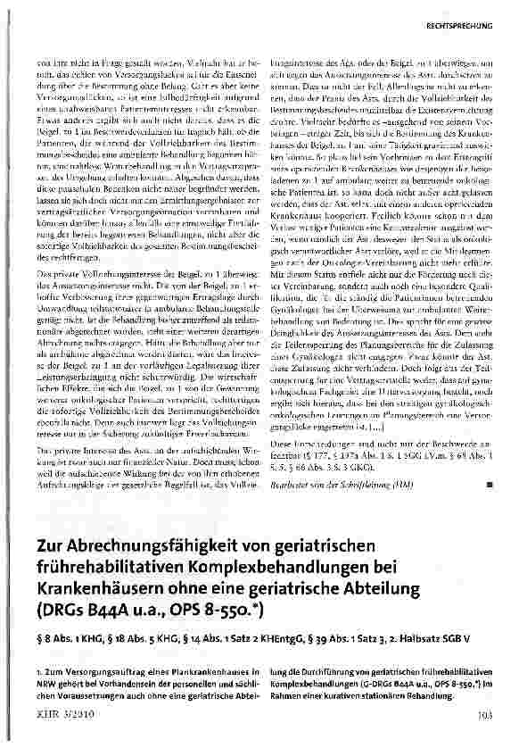 Vorschauseite 1: Zur Abrechnungsfähigkeit von geriatrischen frührehabilitativen Komplexbehandlungen bei Krankenhäusern ohne eine geriatrische Abteilung (DRGs B44A u.a., OPS 8-550.*)