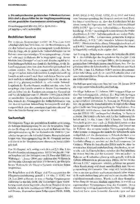 Vorschauseite 2: Zur Abrechnungsfähigkeit von geriatrischen frührehabilitativen Komplexbehandlungen bei Krankenhäusern ohne eine geriatrische Abteilung (DRGs B44A u.a., OPS 8-550.*)