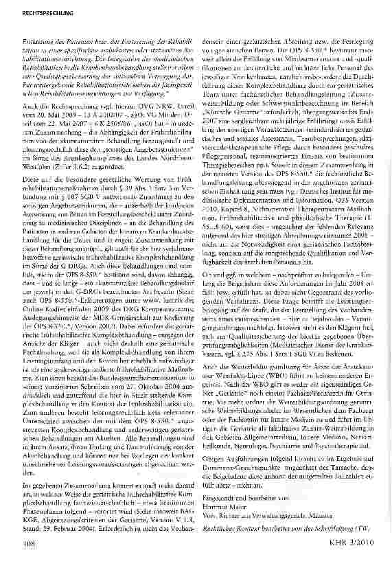 Vorschauseite 6: Zur Abrechnungsfähigkeit von geriatrischen frührehabilitativen Komplexbehandlungen bei Krankenhäusern ohne eine geriatrische Abteilung (DRGs B44A u.a., OPS 8-550.*)