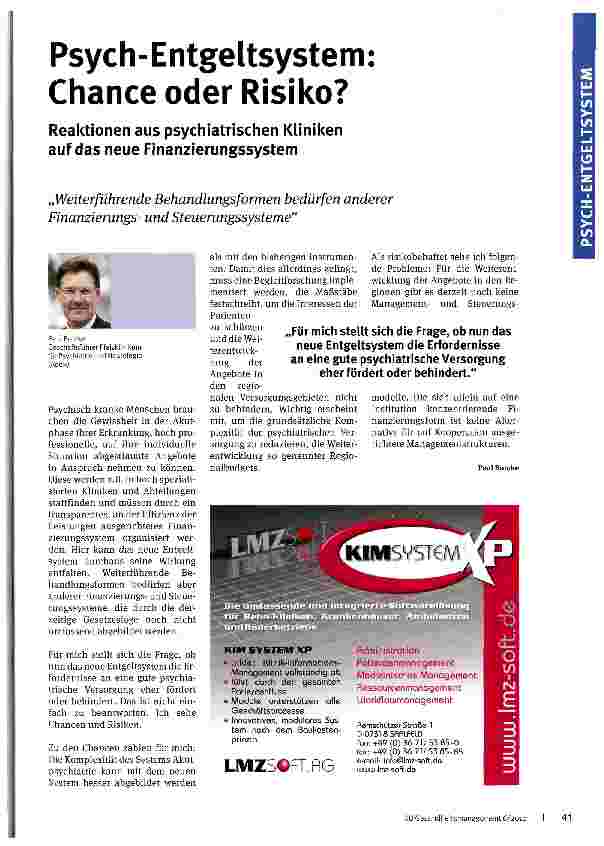 Vorschauseite 1: Psych-Entgeltsystem Chance oder Risiko? Reaktionen aus psychiatrischen Kliniken auf das neue Finanzierungssystem