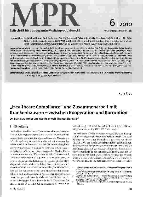 Vorschauseite 1: „Healthcare Compliance und Zusammenarbeit mit Krankenhäusern - zwischen Kooperation und Korruption