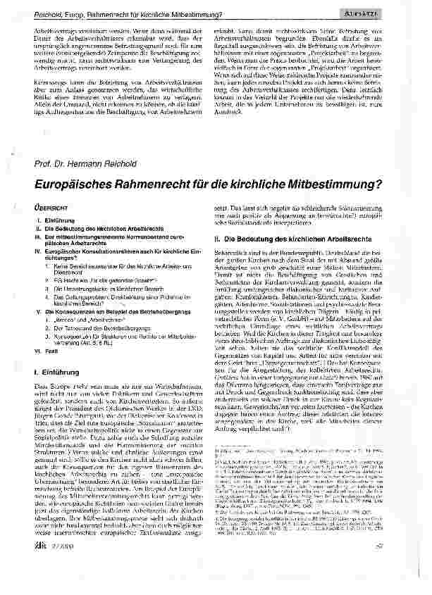 Vorschauseite 1: Europäisches Rahmenrecht für die kirchliche Mitbestimmung?
