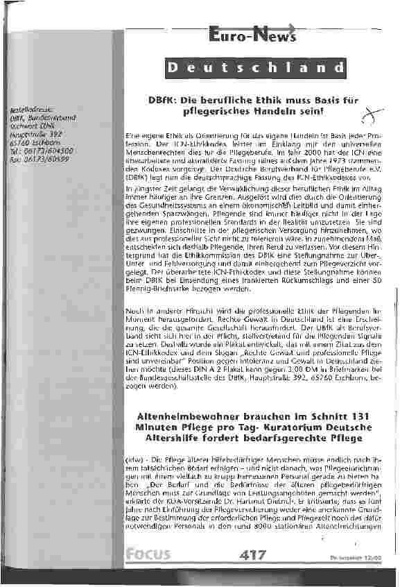 Vorschauseite 1: DBfK: Die berufliche Ethik muss Basis für pflegerisches Handeln sein!