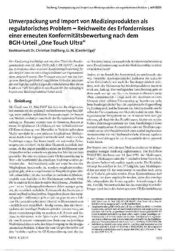Vorschauseite 1: Umverpackung und Import von Medizinprodukten als regulatorisches Problem - Reichweite des Erfordernisses einer erneuten Konformitätsbewertung nach dem BGH-Urteil „OneTouch Ultra