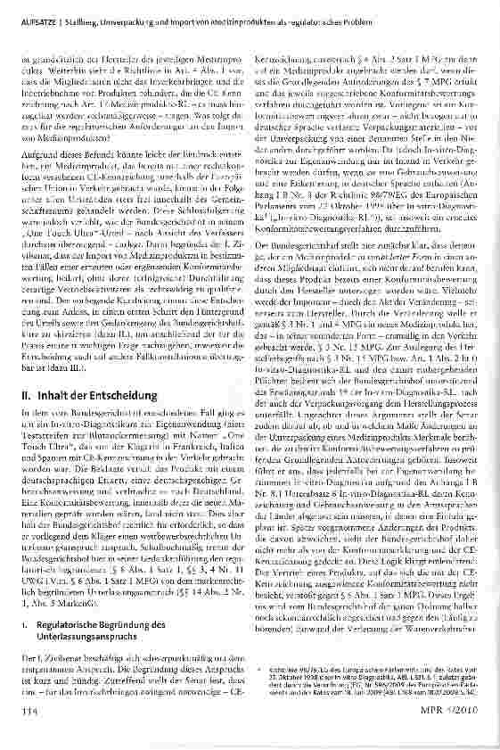 Vorschauseite 2: Umverpackung und Import von Medizinprodukten als regulatorisches Problem - Reichweite des Erfordernisses einer erneuten Konformitätsbewertung nach dem BGH-Urteil „OneTouch Ultra