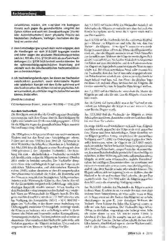Vorschauseite 2: Beschädigtenrente; Entschädigungsanspruch; Opferentschädigung; Nachstellung; sog. »Stalker«