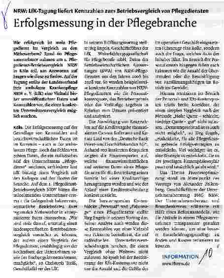 Vorschauseite 1: NRW: LfK-Tagung liefert Kennzahlen zum Betriebsvergleich von PflegedienstenErfolgsmessung in der Pflegebranche