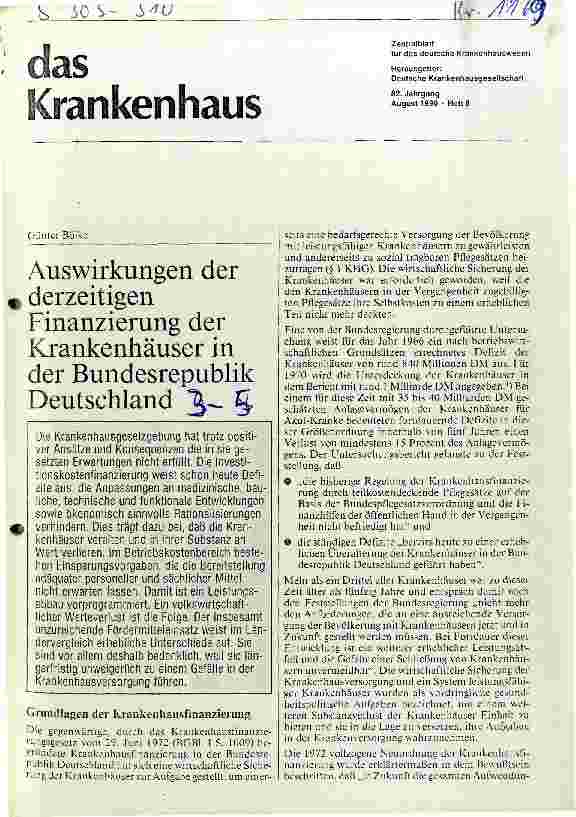 Vorschauseite 1: Auswirkungen der derzeitigen Finanzierung der Krankenhäuser in der BRD