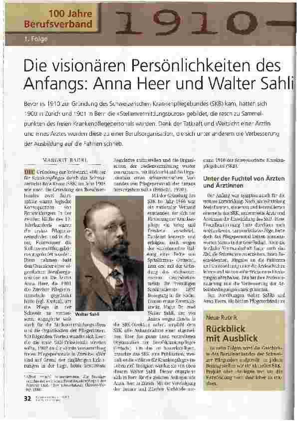 Vorschauseite 1: Die visionären Persönlichkeiten des Anfangs: Anna Heer und Walter Sahli
