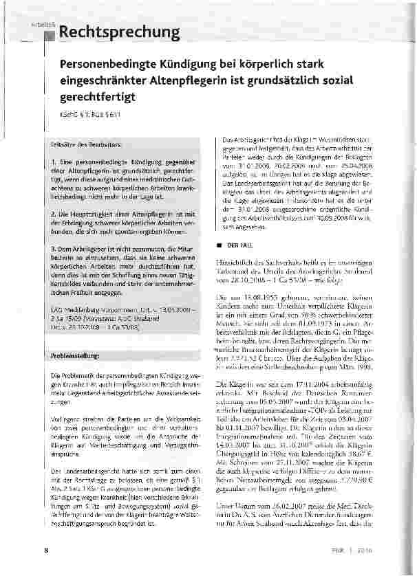 Vorschauseite 1: Personenbedingte Kündigung bei körperlich stark eingeschränkter Altenpflegerin ist grundsätzlich sozial gerechtfertigt