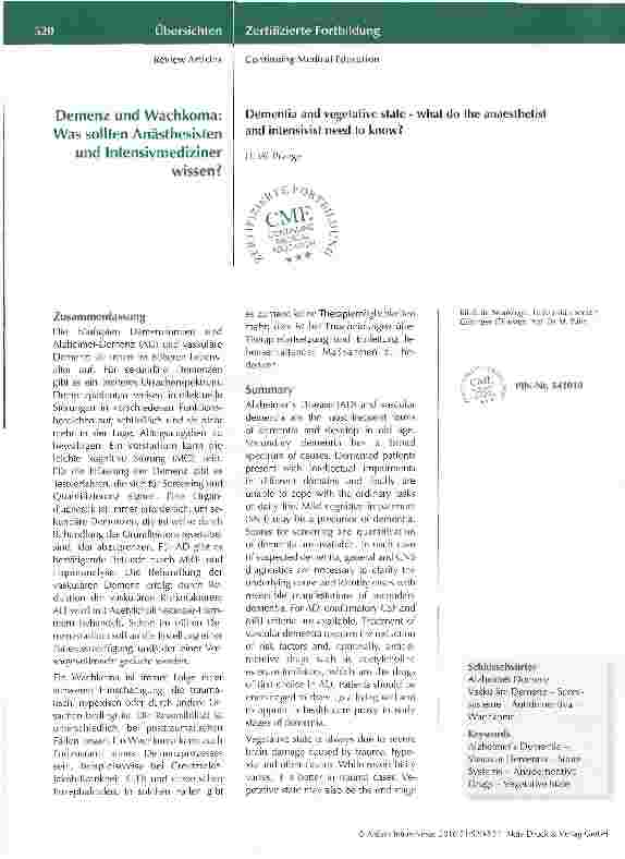 Vorschauseite 1: Demenz und Wachkoma: Was sollten Anästhesisten und Intensivmediziner wissen?