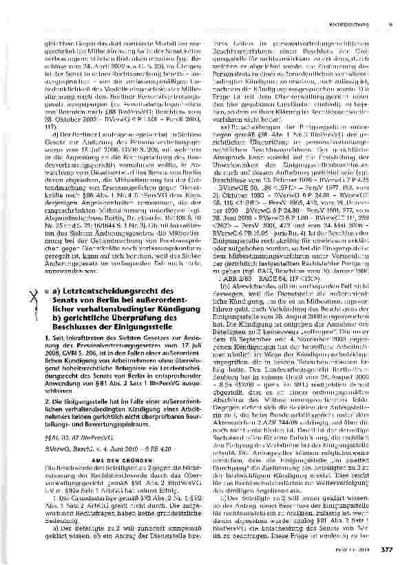 Vorschauseite 1: Letztentscheidungsrecht des Senats von Berlin bei außerordentlicher verhaltensbedingter / Kündigung gerichtliche Überprüfung des Beschlusses der Einigungsstelle