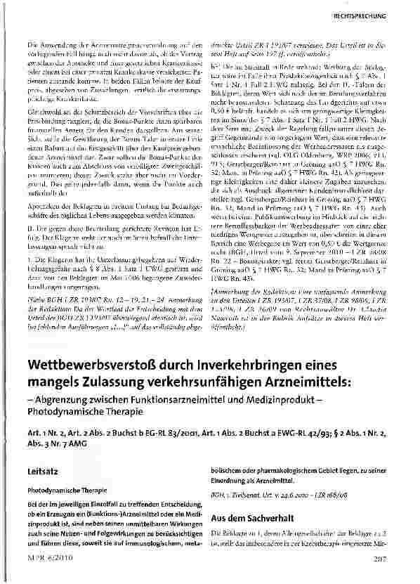 Vorschauseite 1: Wettbewerbsverstoß durch Inverkehrbringen eines mangels Zulassung verkehrsunfähigen Arzneimittels: - Abgrenzung zwischen Funktionsarzneimittel und Medizinprodukt -Photodynamische…