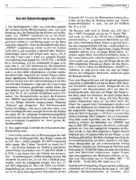 Vorschauseite 2: Zum Beweis des Ursachenzusammenhangs zwischen der Einnahme eines Arzneimittels und dem Gesundheitsschaden des Patienten BGH, Urt v. 16.03.2010 - VI ZR 64/09