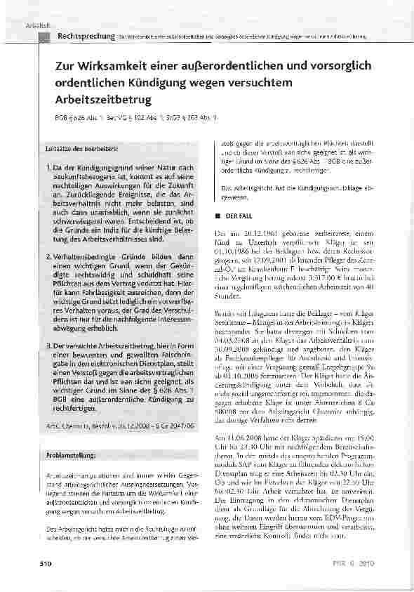 Vorschauseite 1: Zur Wirksamkeit einer außerordentlichen und vorsorglich ordentlichen Kündigung wegen versuchtem Arbeitszeitbetrug