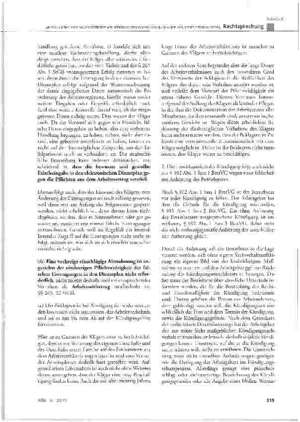 Vorschauseite 6: Zur Wirksamkeit einer außerordentlichen und vorsorglich ordentlichen Kündigung wegen versuchtem Arbeitszeitbetrug