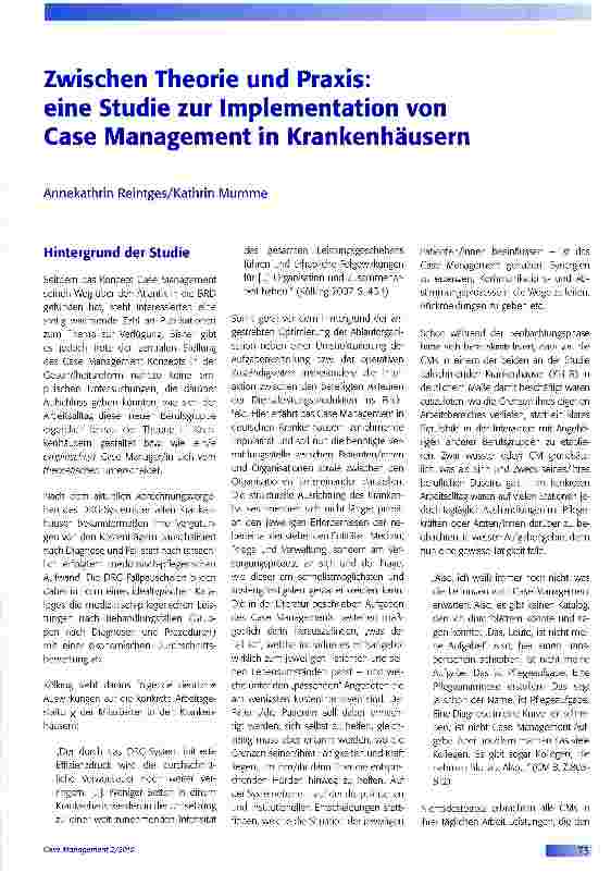 Vorschauseite 1: Zwischen Theorie und Praxis:eine Studie zur Implementation vonCase Management in Krankenhäusern