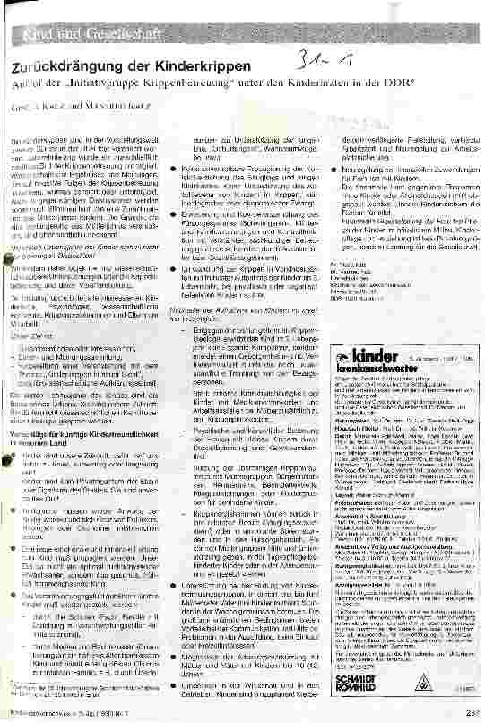 Vorschauseite 1: Zurückdrängung der Kinderkrippen Aufruf der Initiativgruppe Krippenbetreuung unter den Kinderärzten