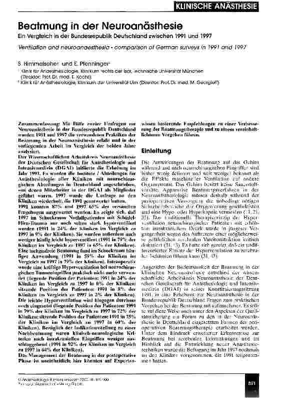 Vorschauseite 1: Beatmung in der Neuroanästhesie Ein Vergleich in der Bundesrepublik Deutschland zwischen 1991 und 1997