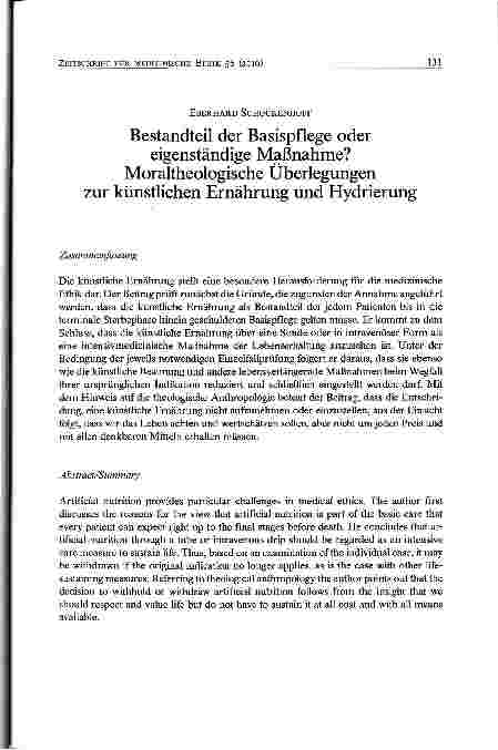 Vorschauseite 1: Bestandteil der Basispflege oder eigenständige Maßnahme? Moraltheologische Überlegungenzur künstlichen Ernährung und Hydrierung