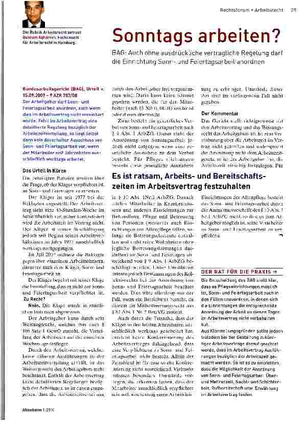 Vorschauseite 1: BAG: Auch ohne ausdrückliche vertragliche Regelung darf die Einrichtung Sonnund Feiertagsarbeit anordnen