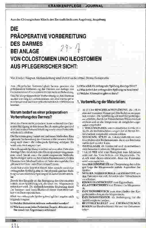 Vorschauseite 1: Die Präoperative Vorbereitung des Darmes bei Anlage von Colostomien und Ileostomien aus pflegerischer Sicht