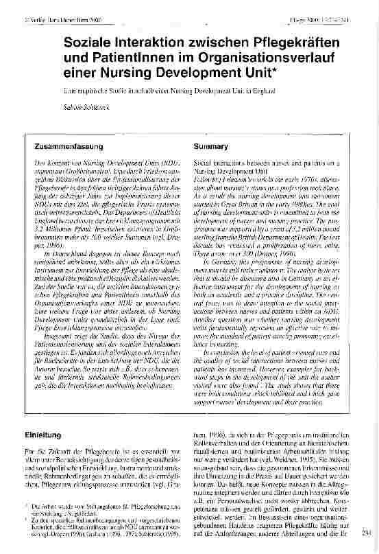 Vorschauseite 1: Soziale Interaktion zwischen Pflegekräften und PatientInnen im Organisationsverlauf einer Nursing Development Unit