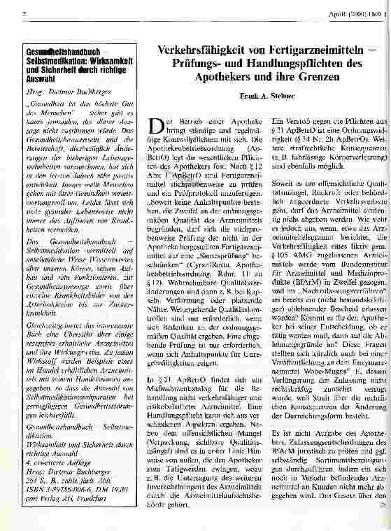 Vorschauseite 1: Verkehrsfähigkeit von Fertigarzneimitteln - Prüfungsund Handlungspflichten des Apothekers und ihre Grenzen