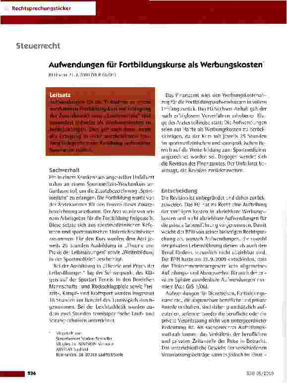 Vorschauseite 1: Aufwendungen für Fortbildungskurse als Werbungskosten BFH vom 21.4.2010 (VI R 66/04)