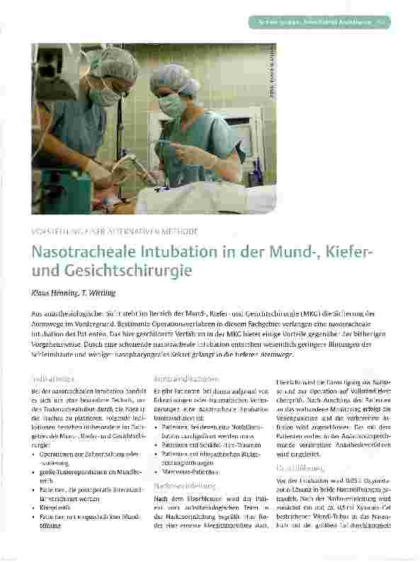 Vorschauseite 1: Nasotracheale Intubation in der Mund-, Kiefer-und Gesichtschirurgie