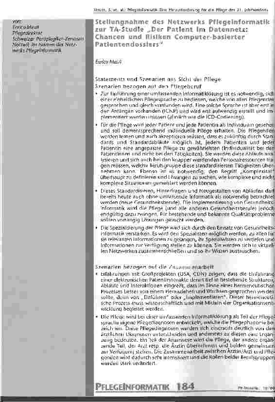 Vorschauseite 1: Stellungnahme des Netzwerks Pflegeinformatik zur TA-Studie Der Patient im Datennetz: Chancen und Risiken Computer-basierter Patientendossiers