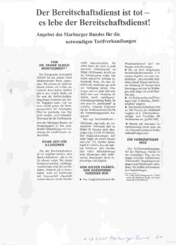 Vorschauseite 1: Der Bereitschaftsdienst ist tot - es lebe der Bereitschaftsdienst Angebot des Marburger Bundes für die notwendigen Tarifverhandlungen