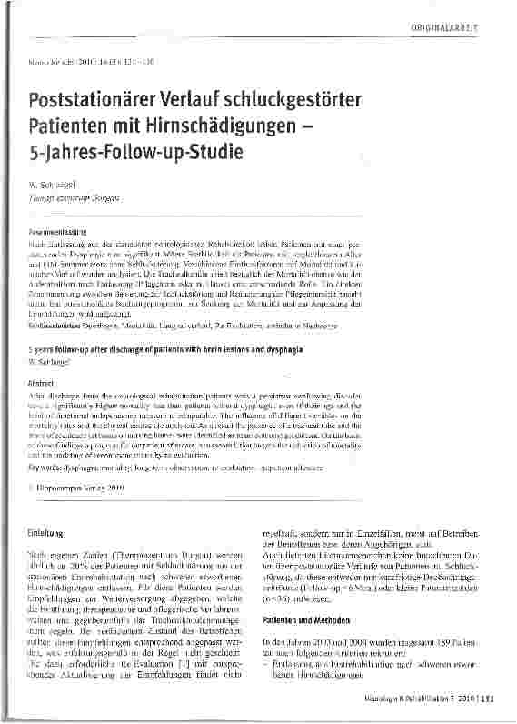 Vorschauseite 1: Poststationärer Verlauf schluckgestörter Patienten mit Hirnschädigungen -5-Jahres-Follow-up-Studie