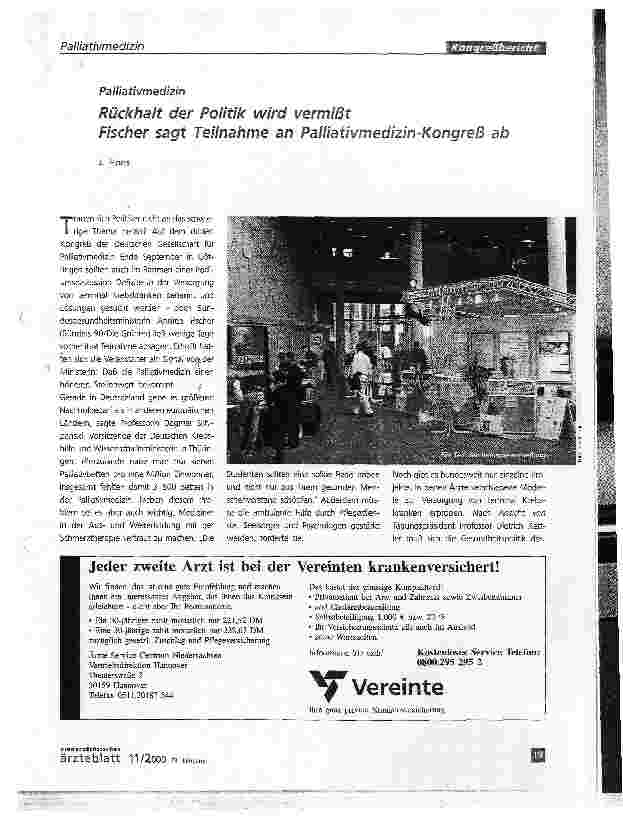 Vorschauseite 1: Palliativmedizin - Rückhalt der Politik wird vermißtFischer sagt Teilnahme an Palliativmedizin-Kongreß ab