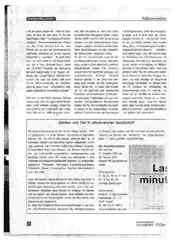 Vorschauseite 2: Palliativmedizin - Rückhalt der Politik wird vermißtFischer sagt Teilnahme an Palliativmedizin-Kongreß ab