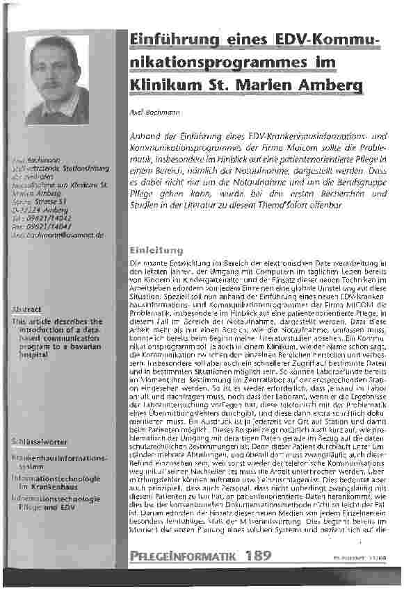 Vorschauseite 1: Einführung eines EDV-Kommunikationsprogrammes im Klinikum St. Marien Amberg