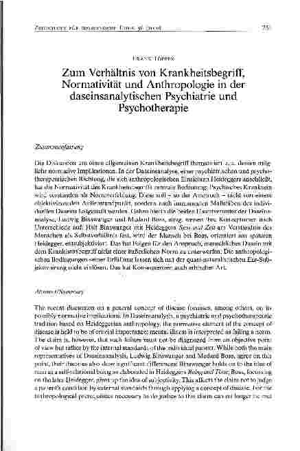 Vorschauseite 1: Zum Verhältnis von Krankheitsbegriff, Normativität und Anthropologie in der daseinsanalytischen Psychiatrie undPsychotherapie