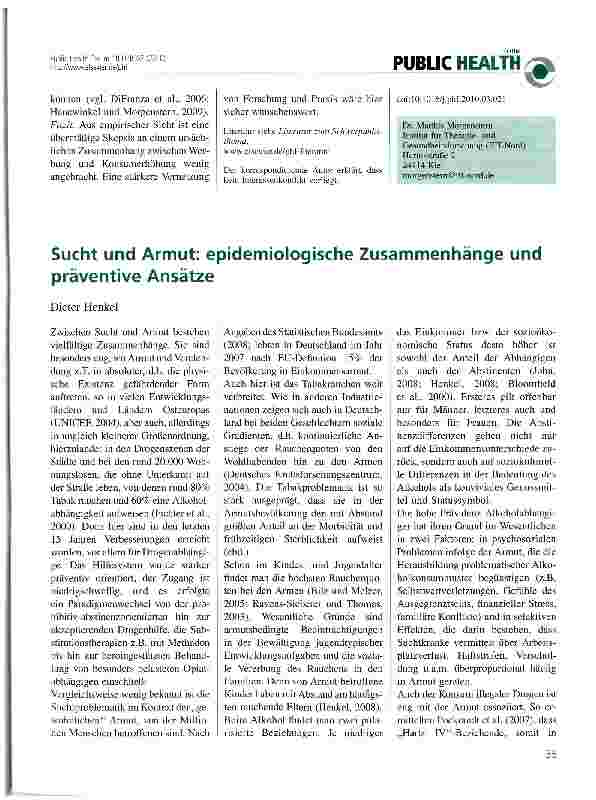 Vorschauseite 1: Sucht und Armut: epidemiologische Zusammenhänge und präventive Ansätze