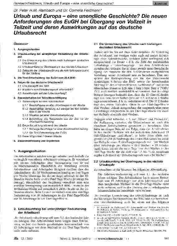 Vorschauseite 1: Urlaub und Europa - eine unendliche Geschichte? Die neuen Anforderungen des EuGH bei Übergang von Vollzeit in Teilzeit und deren Auswirkungen auf das deutsche Urlaubsrecht
