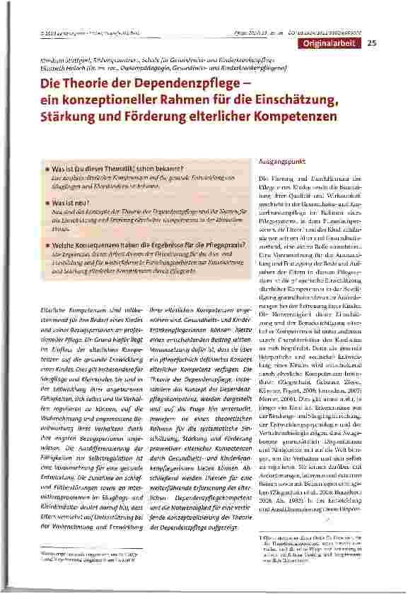 Vorschauseite 1: Die Theorie der Dependenzpflege - ein konzeptioneller Rahmen für die Einschätzung, Stärkung und Förderung elterlicher Kompetenzen