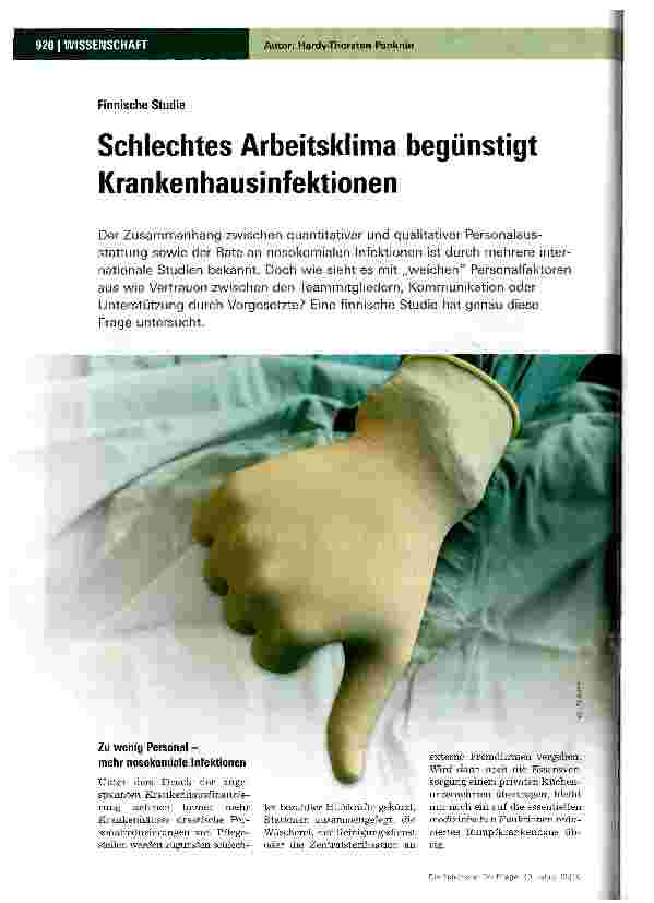 Vorschauseite 1: Schlechtes Arbeitsklima begünstigt Krankenhausinfektionen