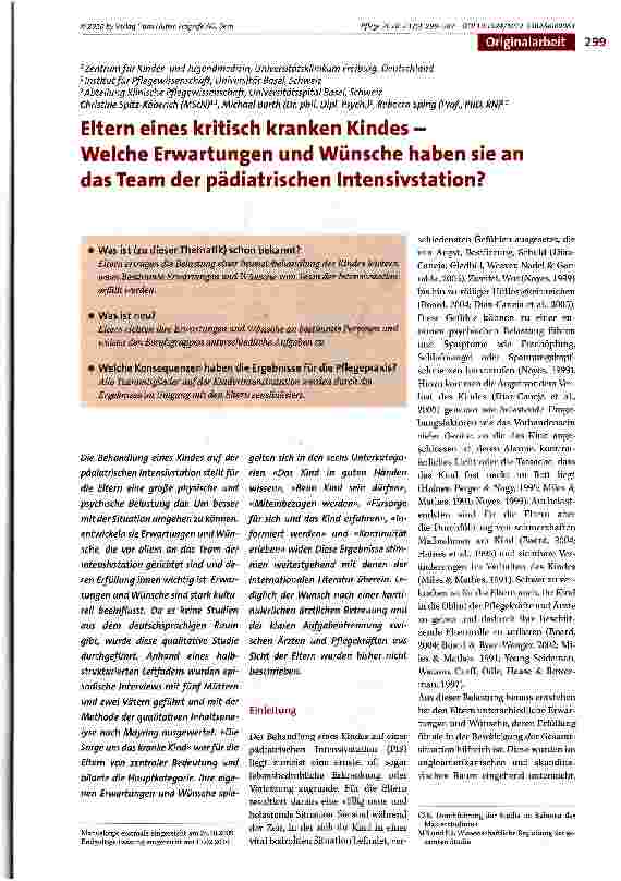 Vorschauseite 1: Eltern eines kritisch kranken Kindes -Welche Erwartungen und Wünsche haben sie an das Team der pädiatrischen Intensivstation?